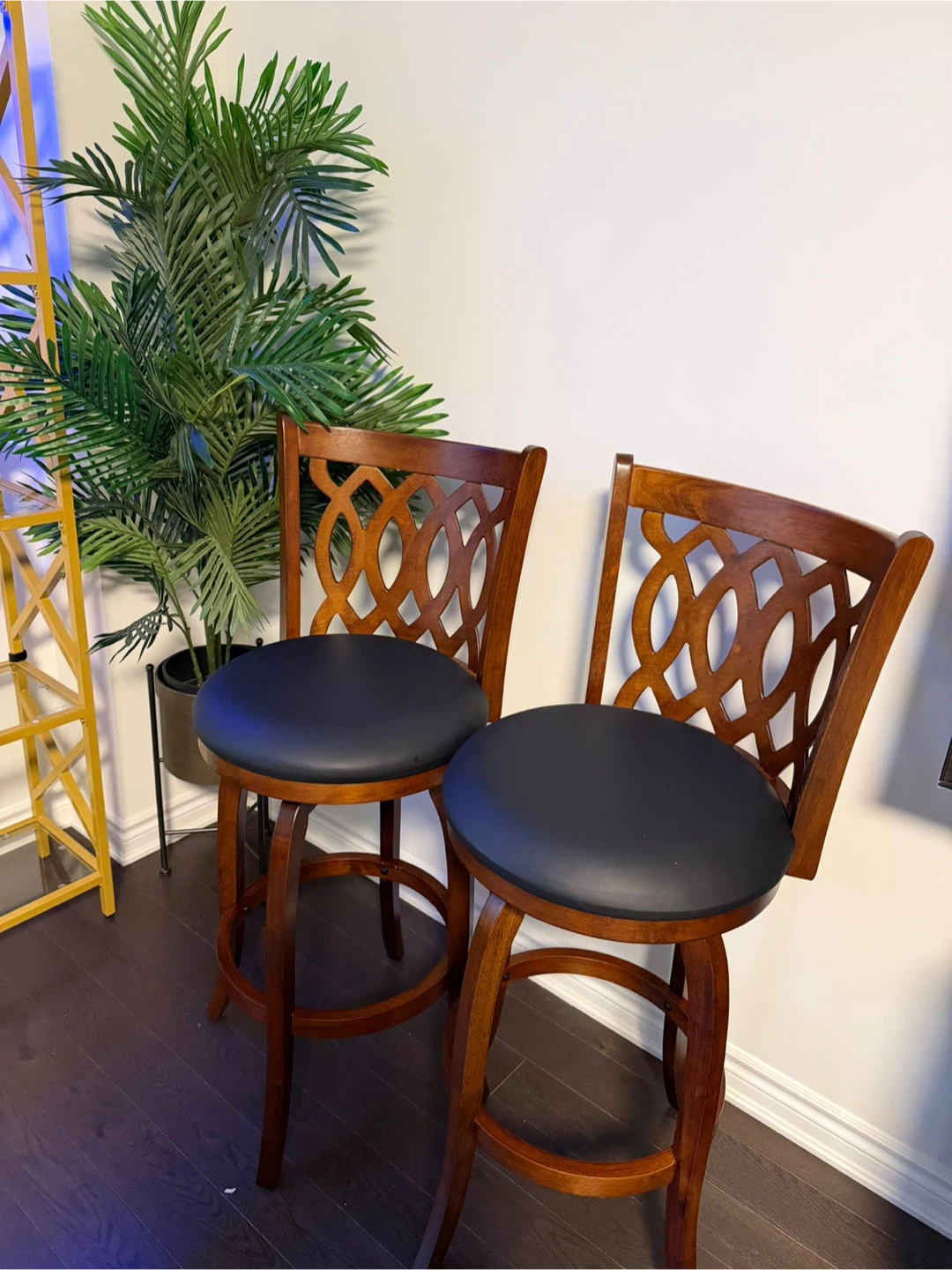 Set of 2 Brown Wooden Bar Stools with Black Leather Seats - photo 4