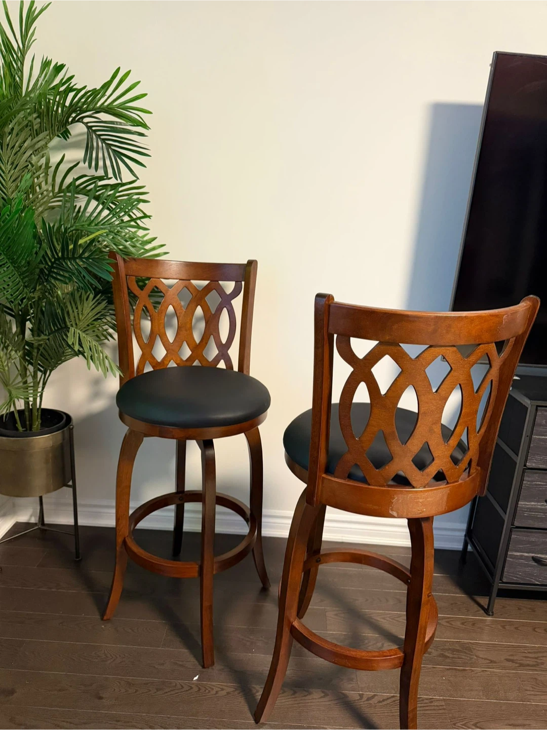 Set of 2 Brown Wooden Bar Stools with Black Leather Seats - photo 3