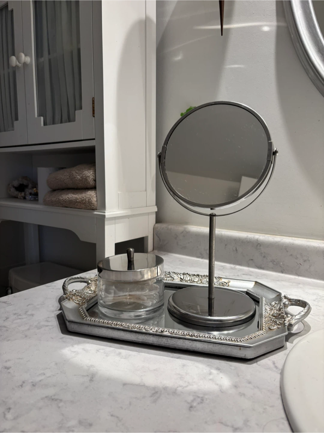 Silver Vanity Tray with Mirror and Jar