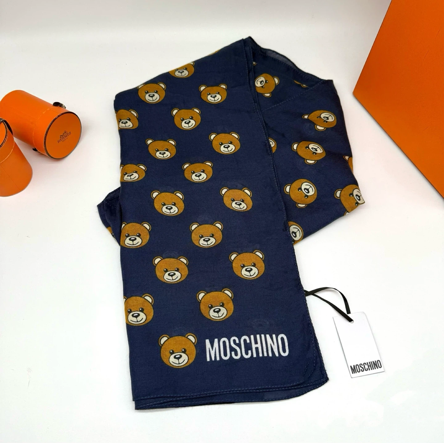 Moschino Navy Bear Print Scarf - New