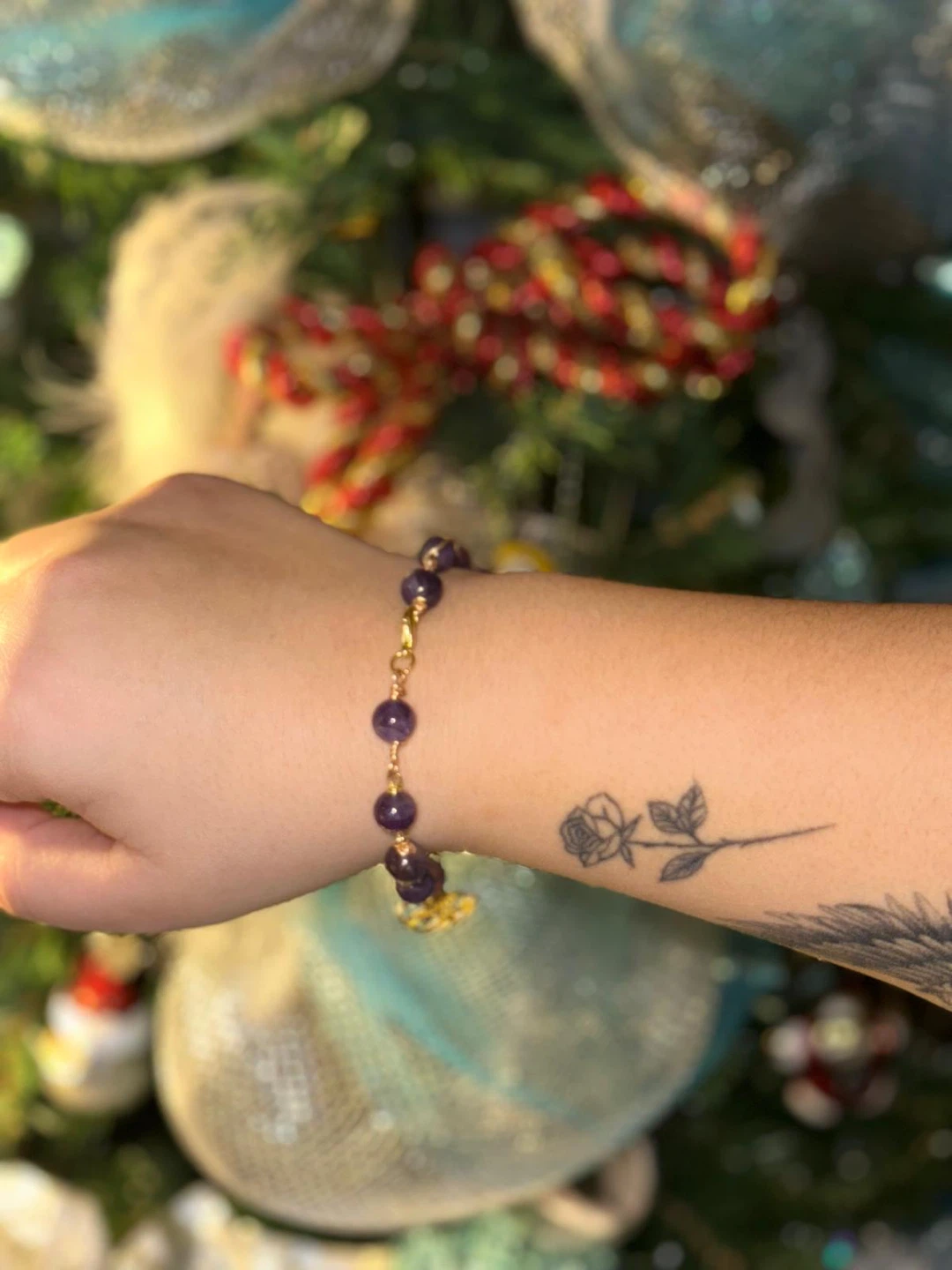 Amethyst Beaded Bracelet with Gold Charm - photo 3