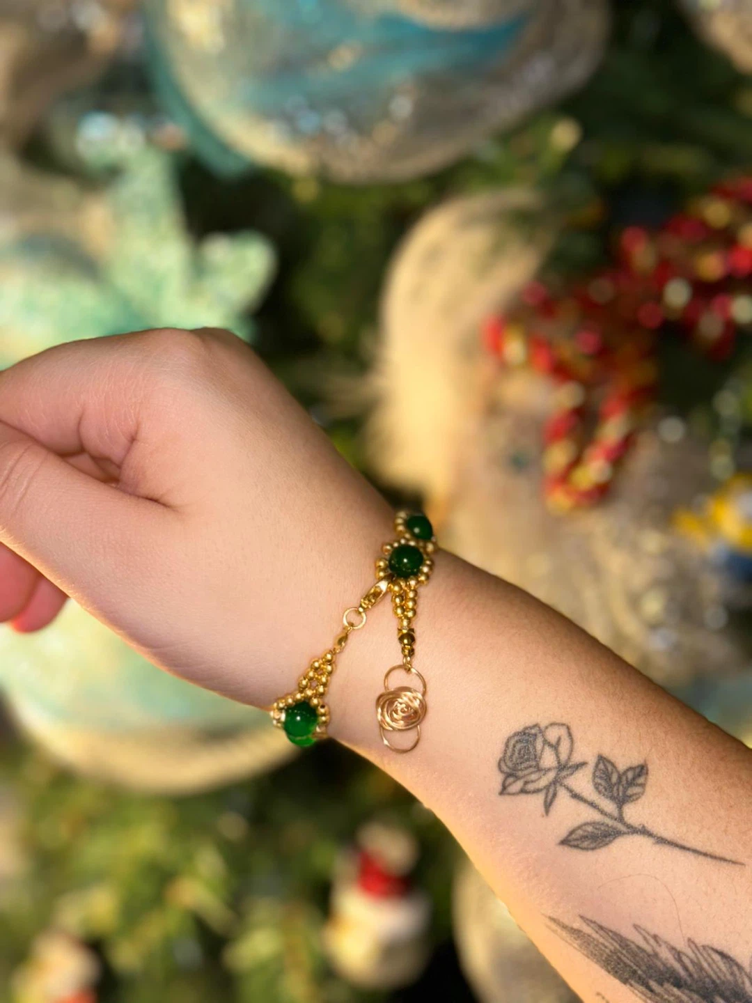 Handmade Gold & Green Beaded Bracelet - photo 2