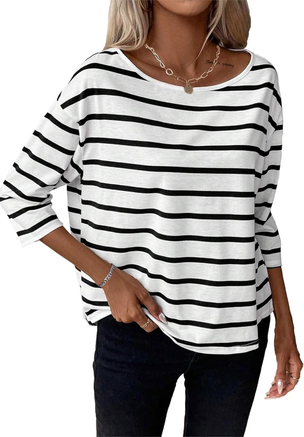 NEW! LilyCoco 3/4 Length Sleeve Striped Boat Neck Cotton Tee