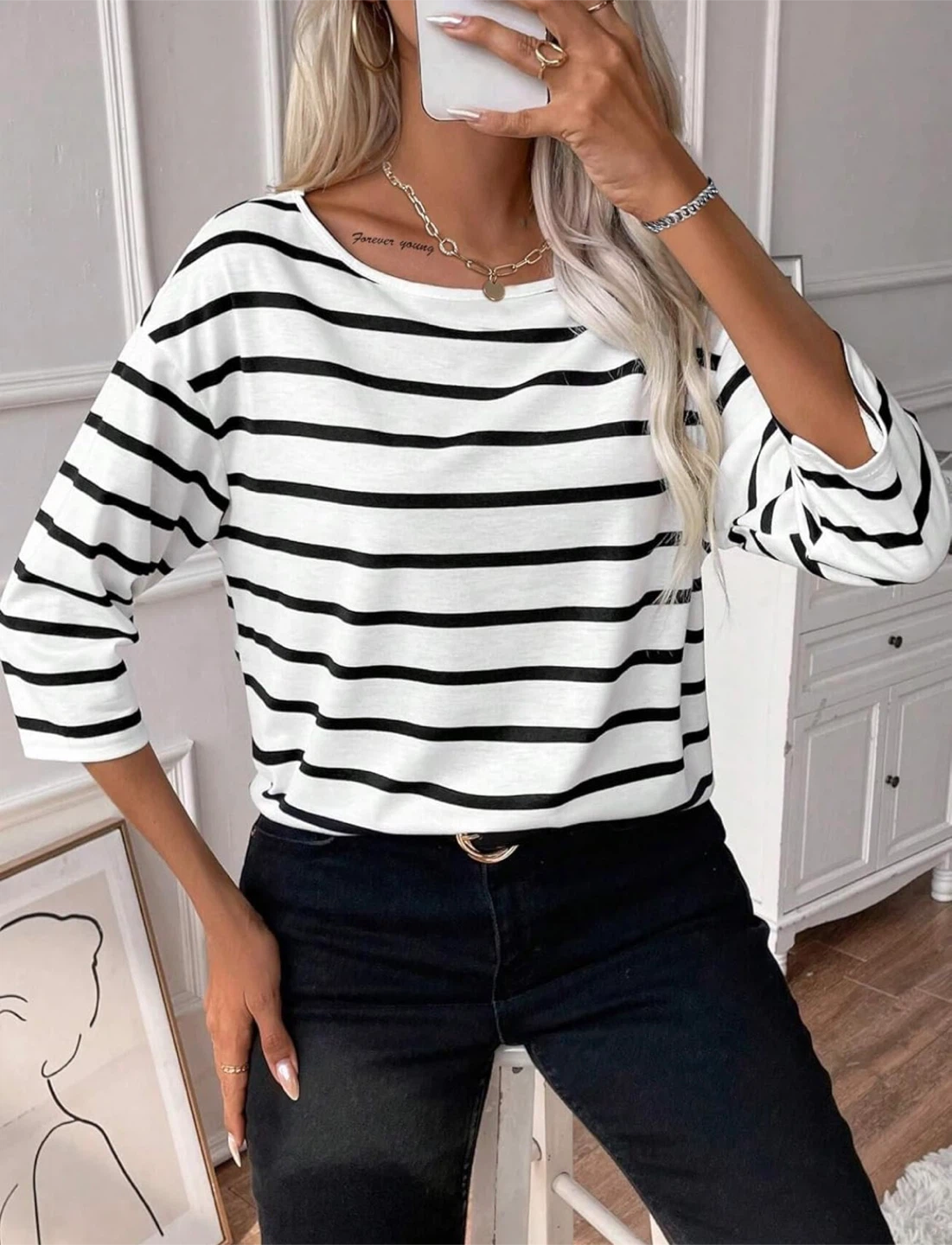 NEW! LilyCoco 3/4 Length Sleeve Striped Boat Neck Cotton Tee - photo 4