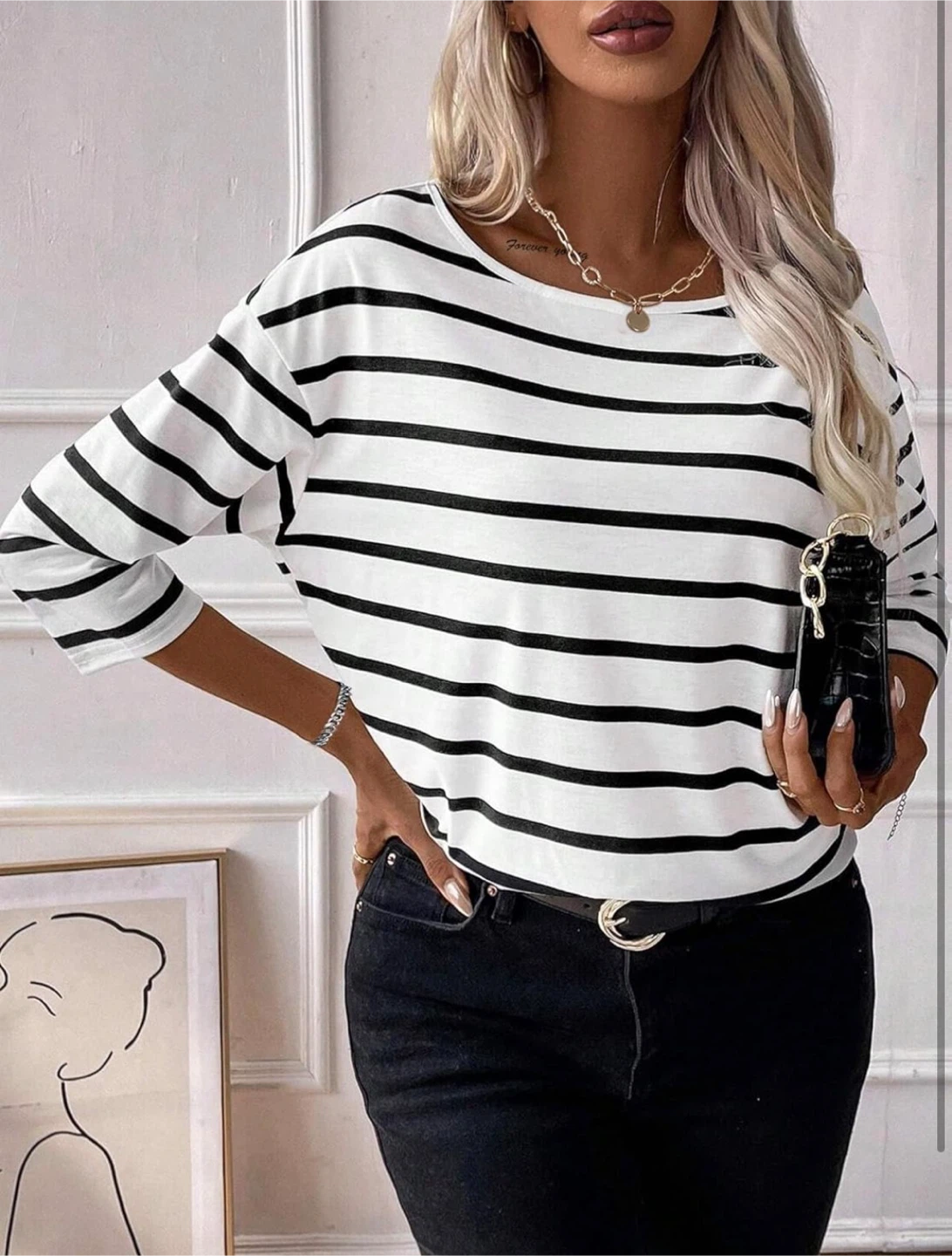 NEW! LilyCoco 3/4 Length Sleeve Striped Boat Neck Cotton Tee - photo 5
