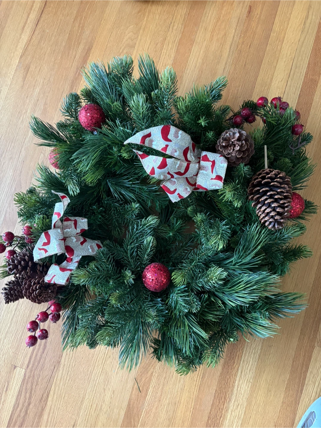 Christmas Wreath with Pine Cones and Ornaments