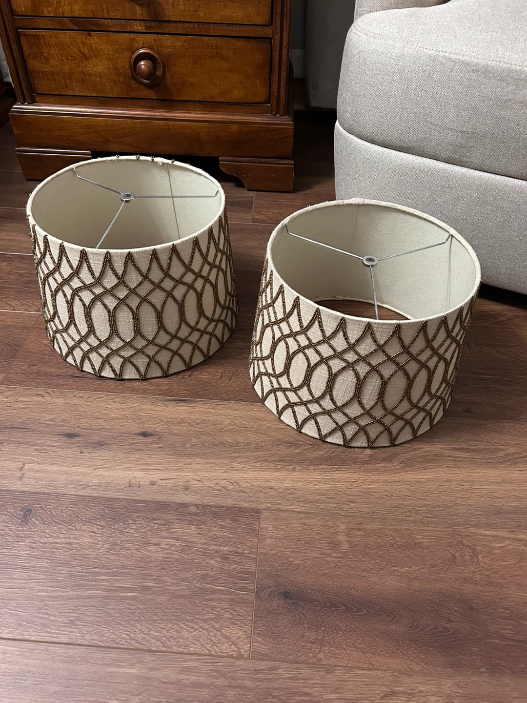 Pair of Beige Lampshades with Brown Beaded Design