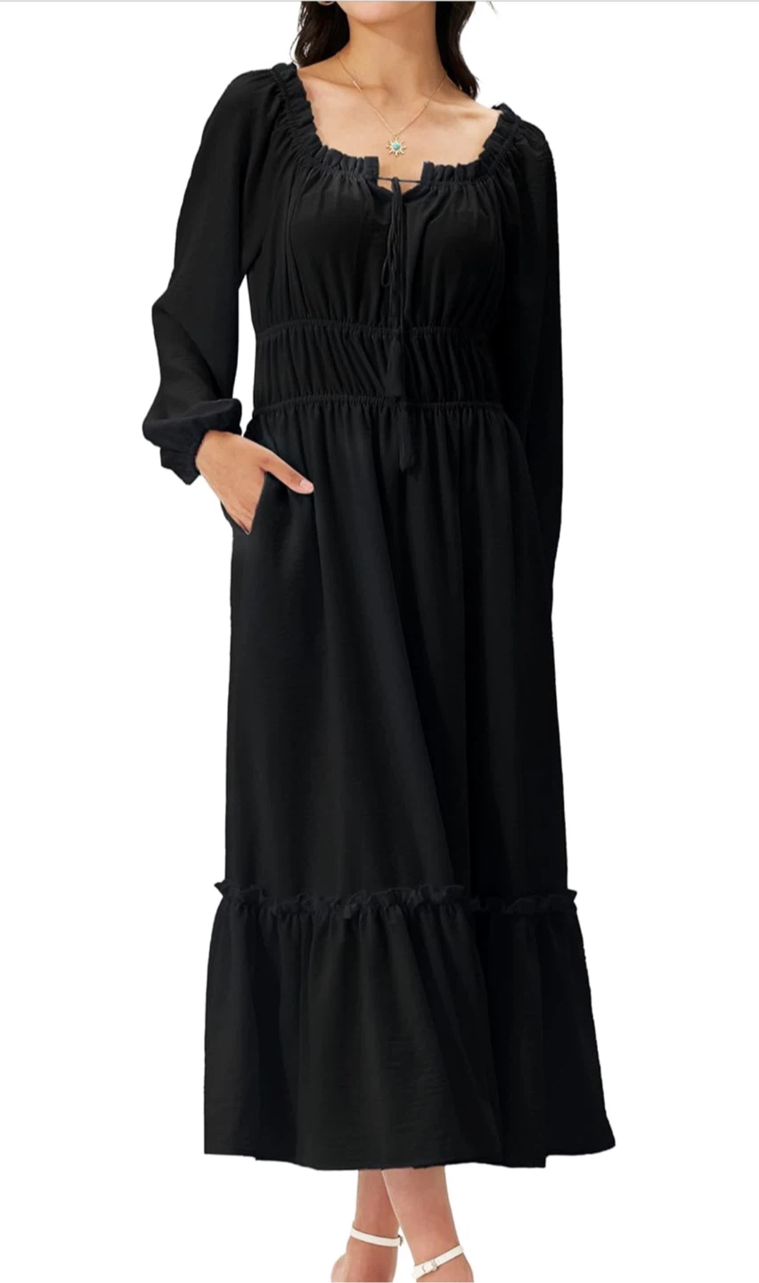NEW! Anniente Black Long Sleeve Boho Maxi Dress with Pockets