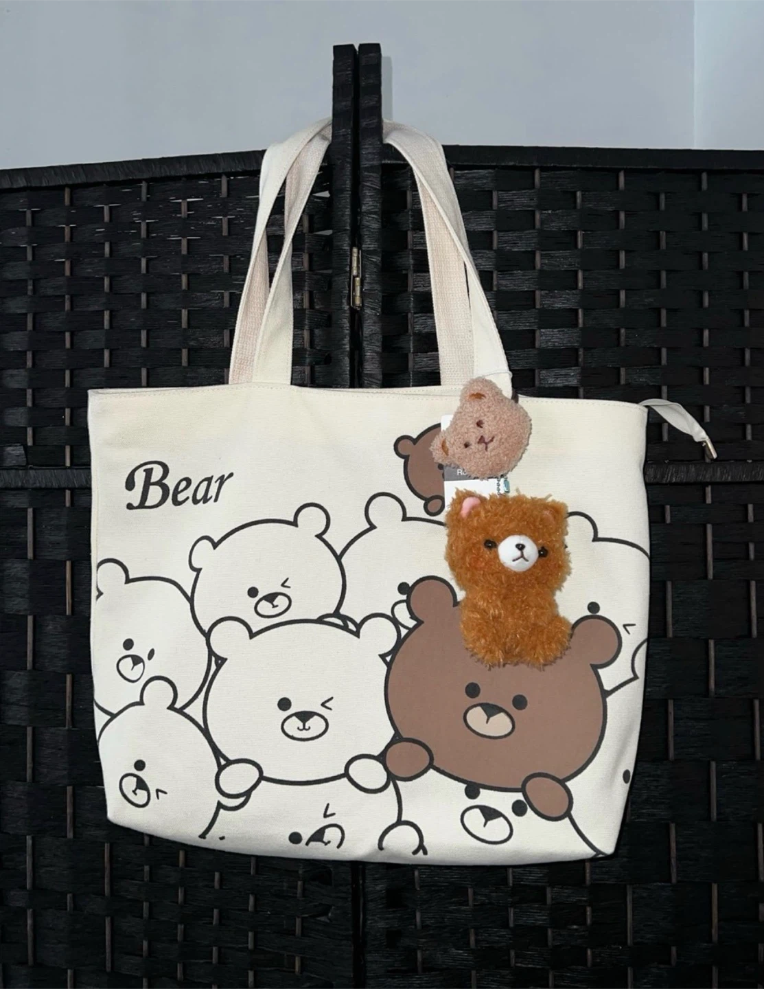 Cute Bear Print Canvas Zip Tote Bag + Charm, Plush Keychain
