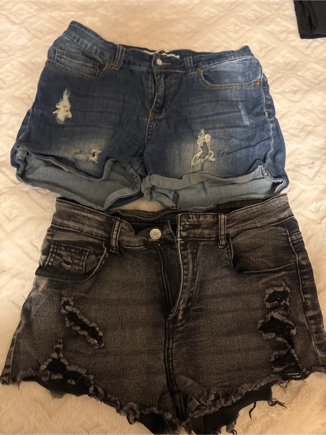 Distressed Denim Shorts - Blue & Black