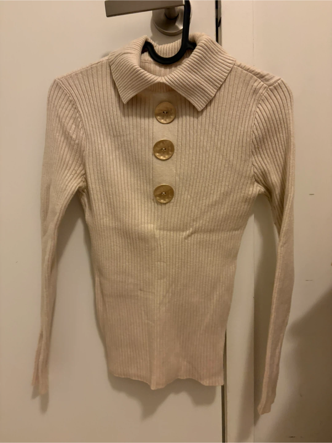 Beige Ribbed Knit Button-Down Top