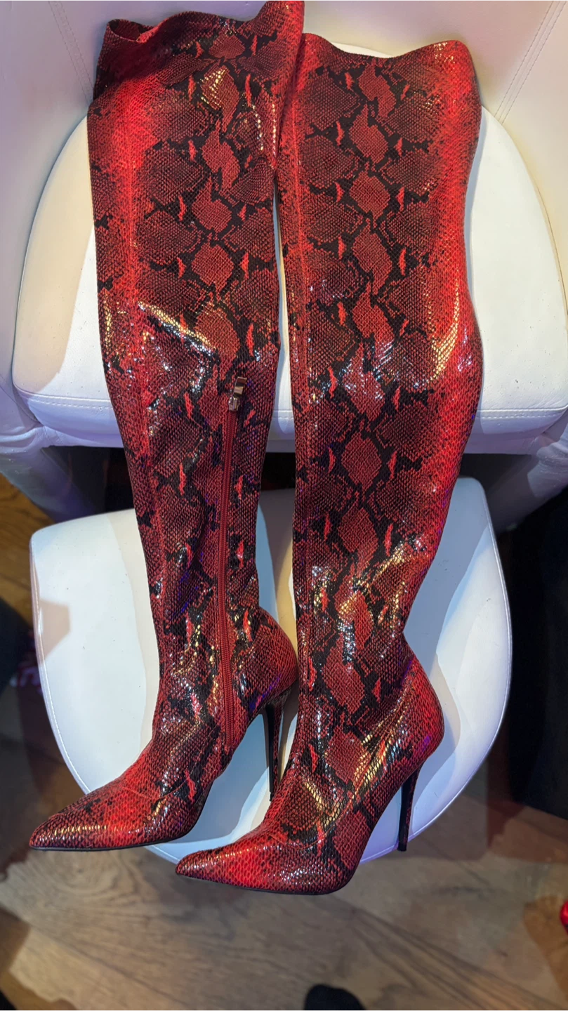 Red Snakeskin Over-the-Knee Boots