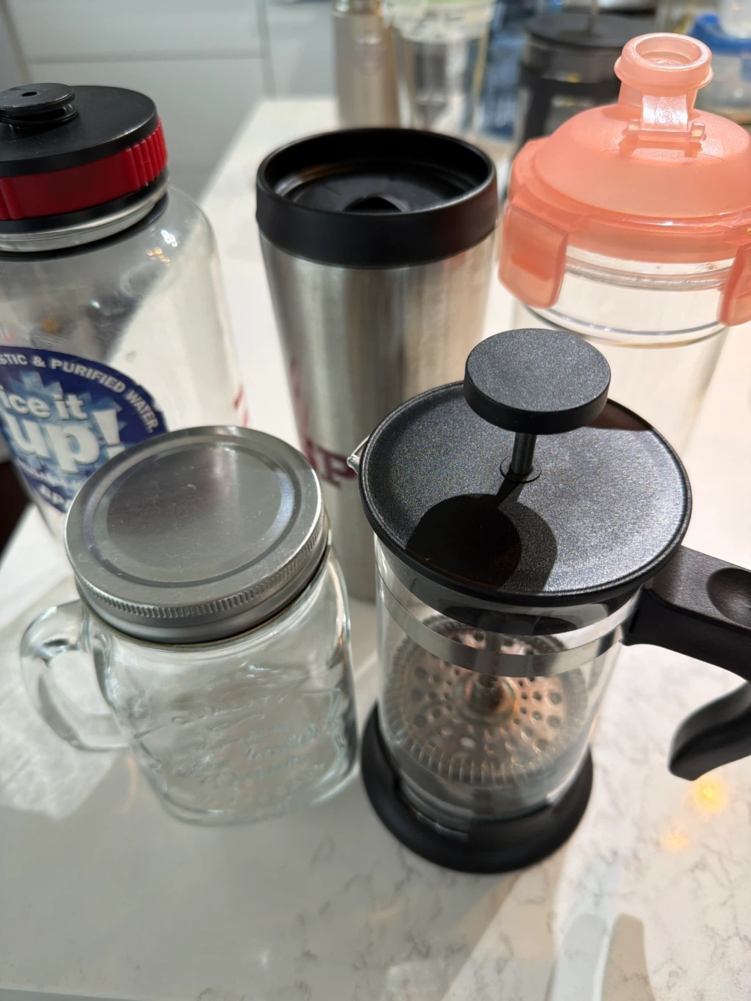 Assorted Water Bottles & French Press