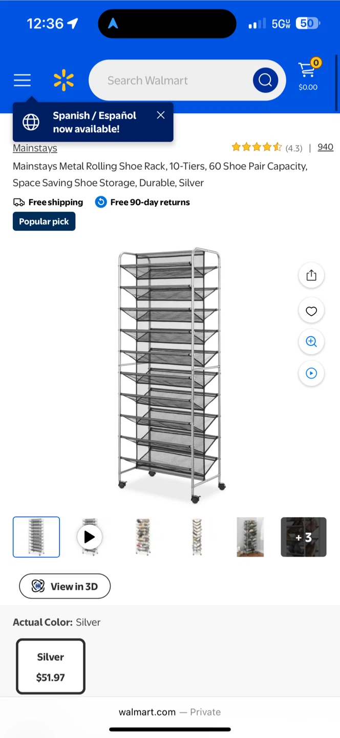 60 pair Metal Rolling Shoe Rack - Silver - photo 2