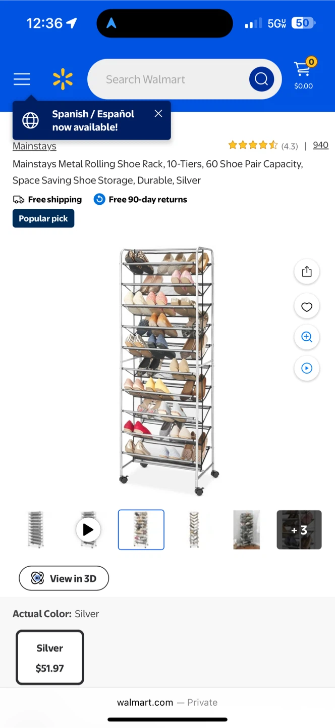 60 pair Metal Rolling Shoe Rack - Silver