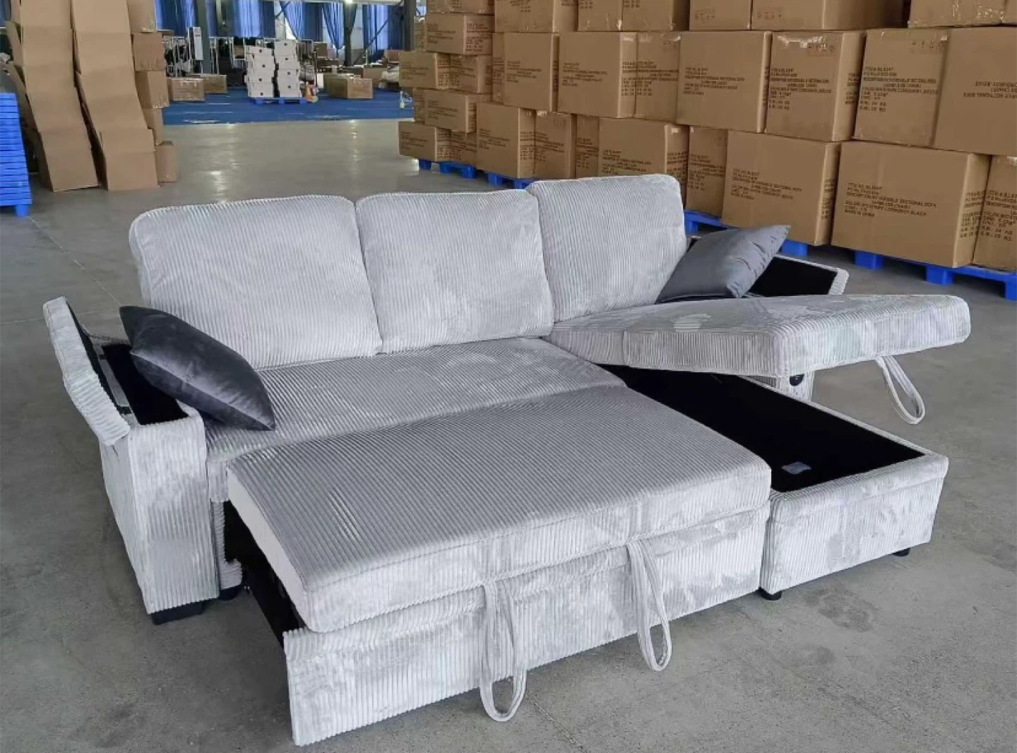 Brand new grey Corduroy Sectional Sofa Bed with Storage