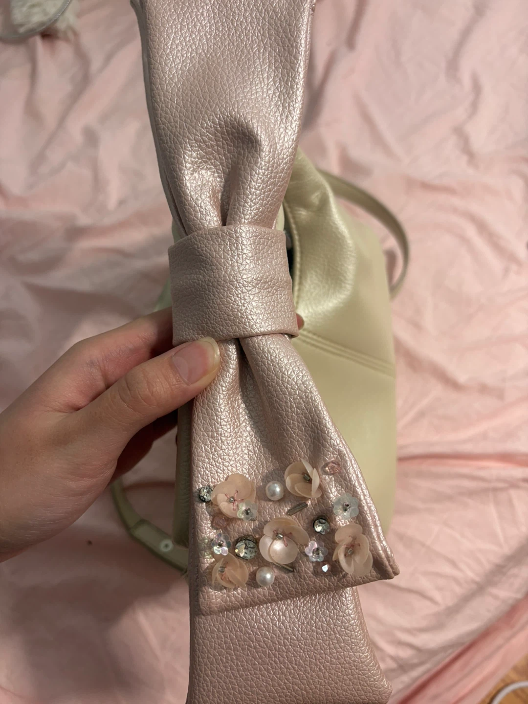 Handmade Beige Purse with Pink Bow - photo 2