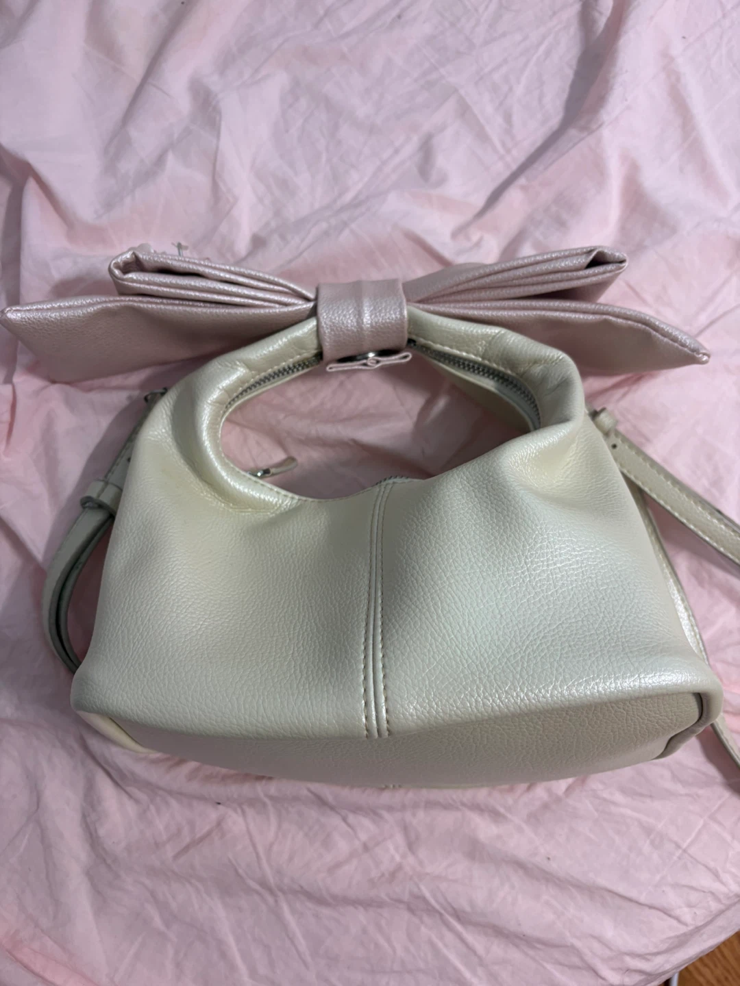 Handmade Beige Purse with Pink Bow