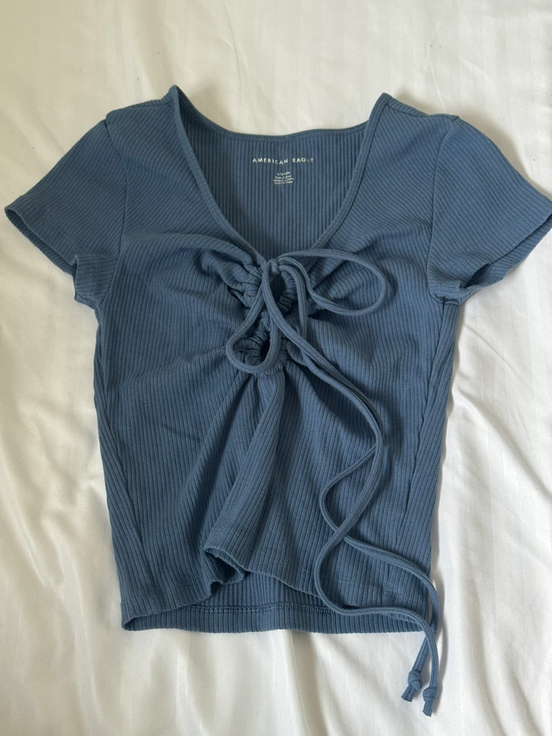 American Eagle Blue Ribbed Tie-Front Top - Size S