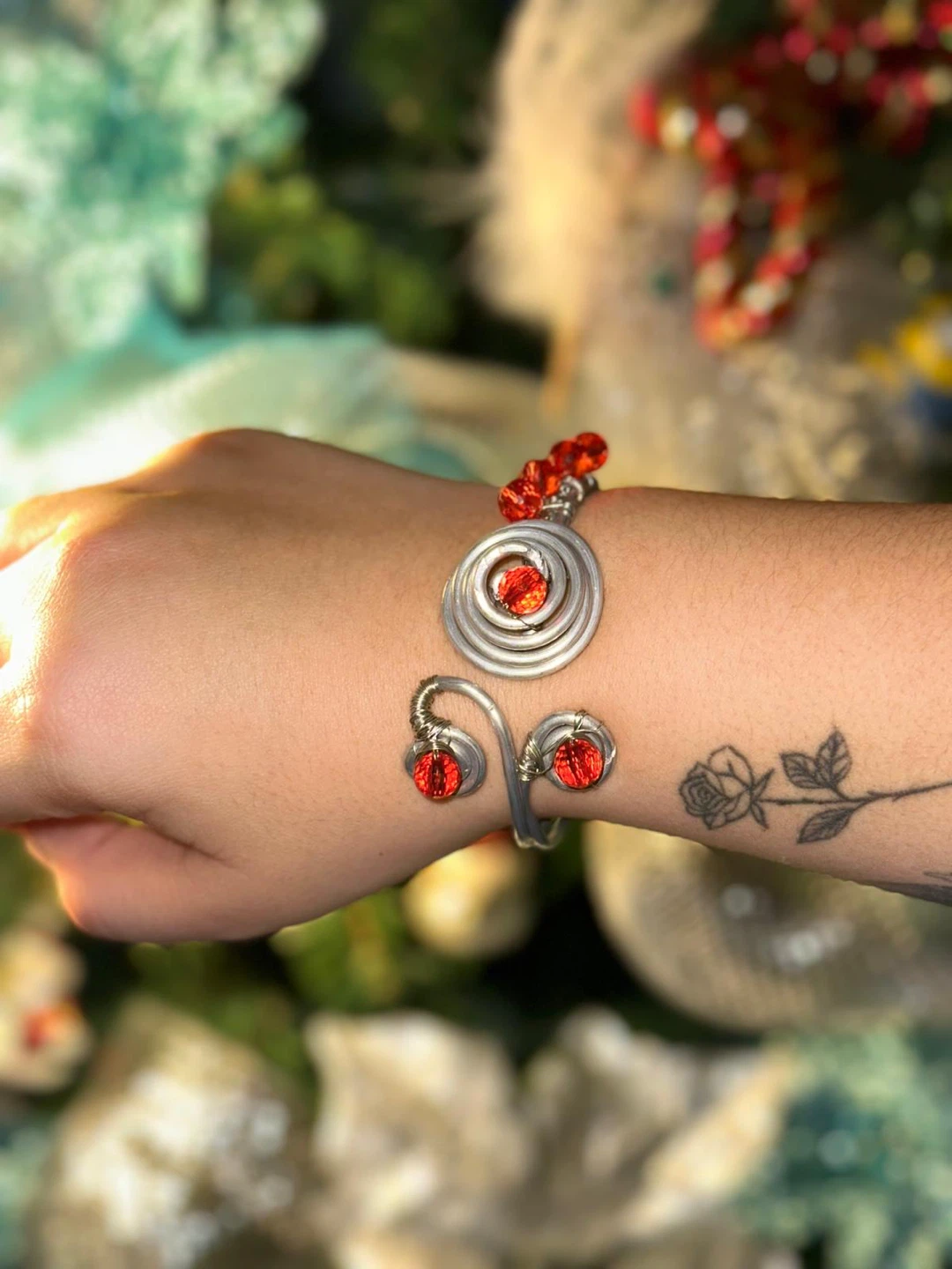 Handmade Silver & Red Beaded Bracelet