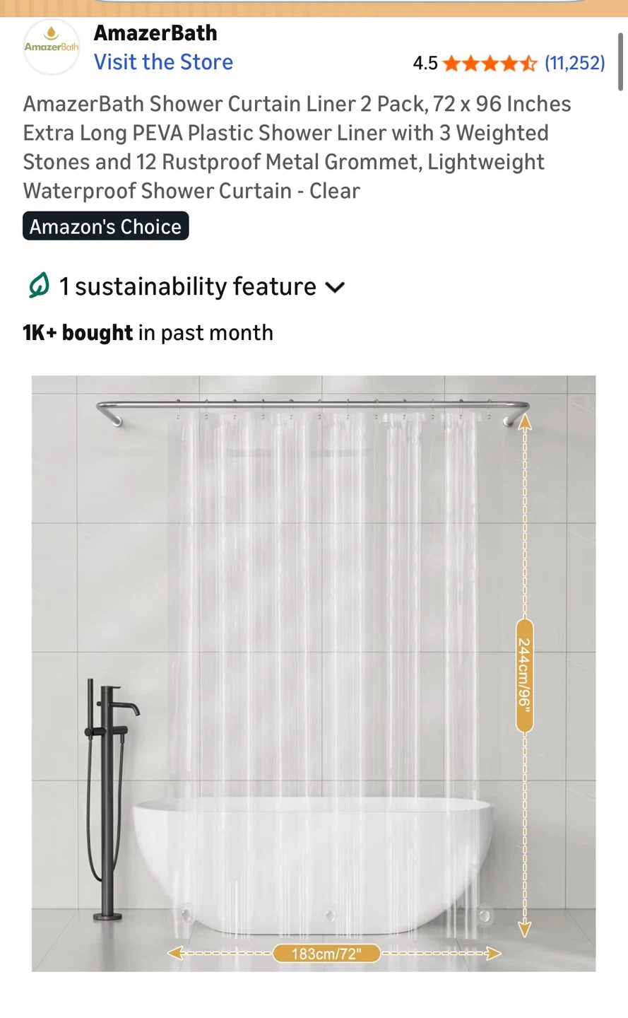 AmazerBath Shower Curtain Liner 2 Pack, 72 x 96 Inches
