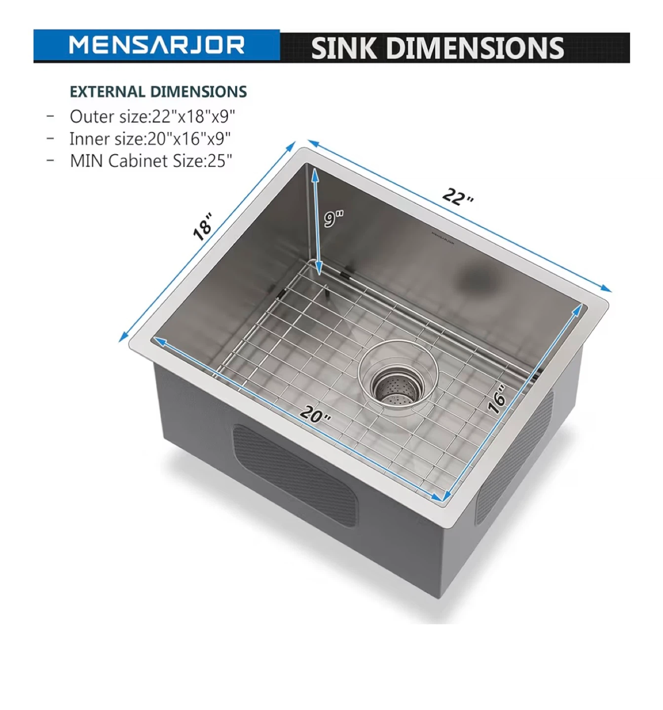 MENSARJOR 22x18 Kitchen Sink - Stainless Steel - photo 2