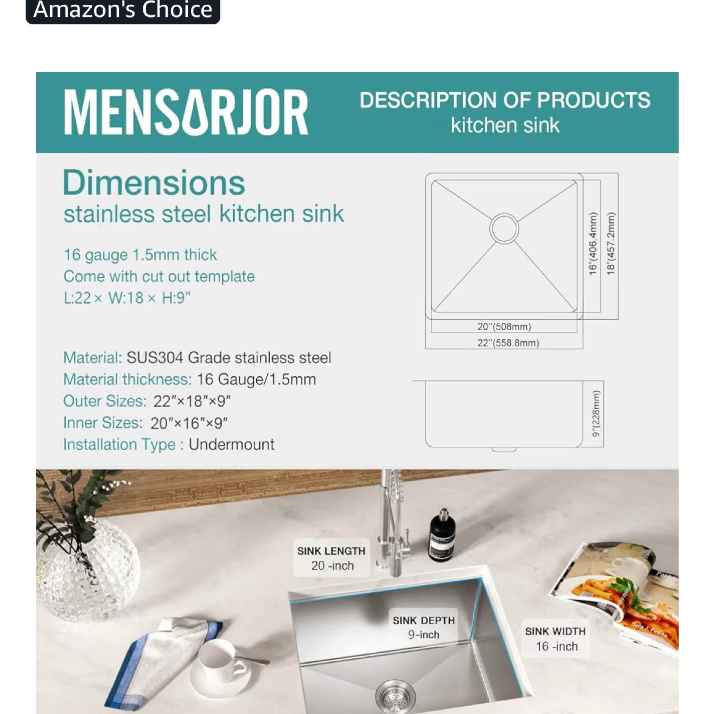 MENSARJOR 22x18 Kitchen Sink - Stainless Steel - photo 4