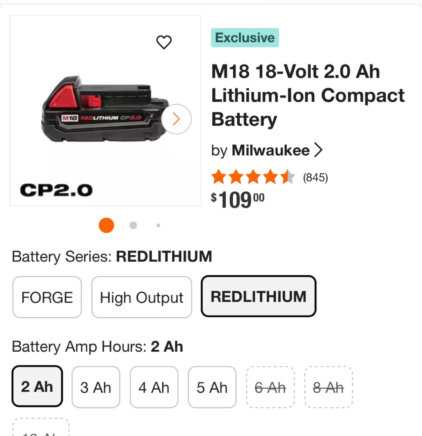 Milwaukee M18 18-Volt 2.0 Ah Lithium-Ion Battery