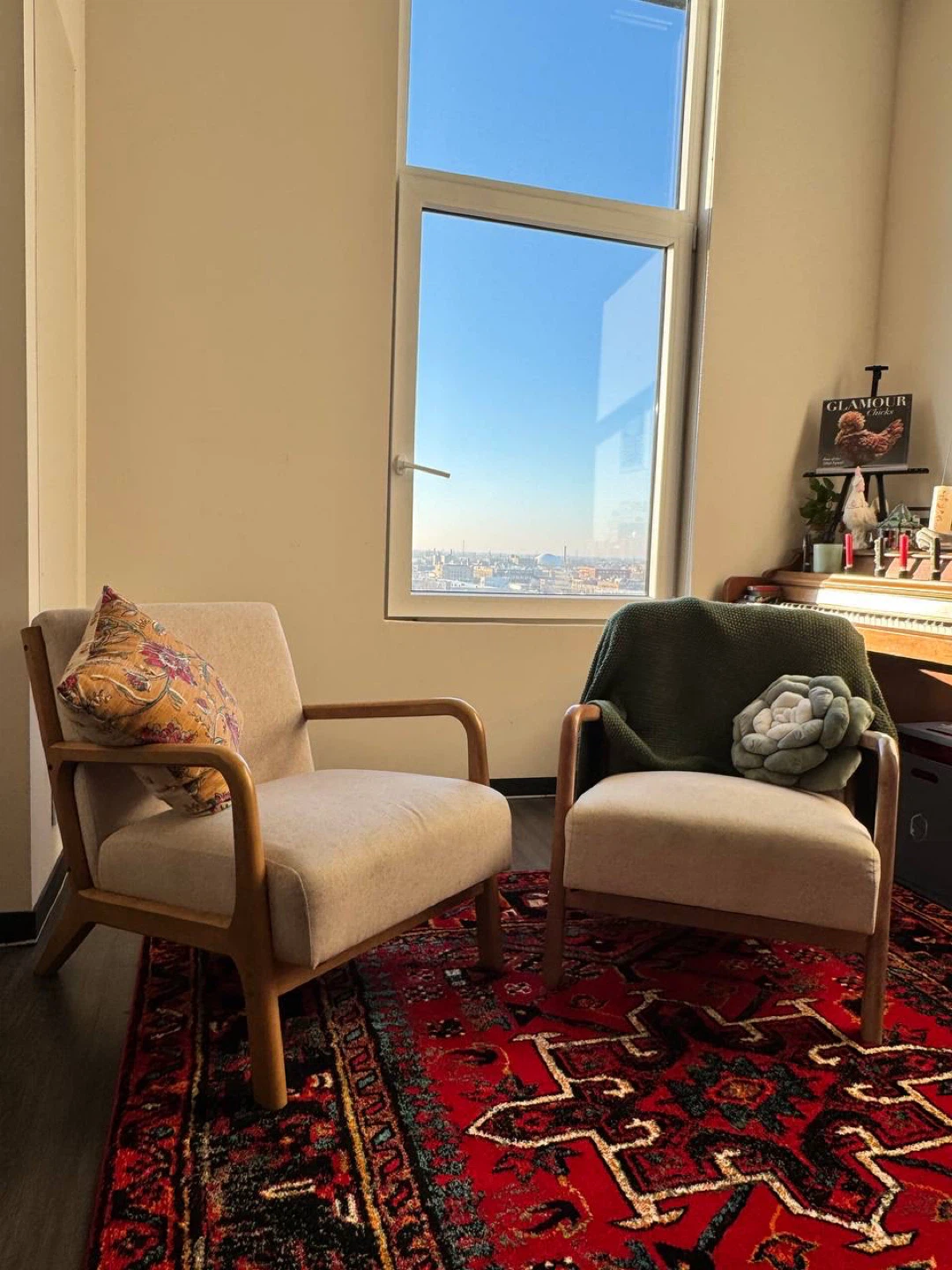 Beige Armchair with Wooden Frame