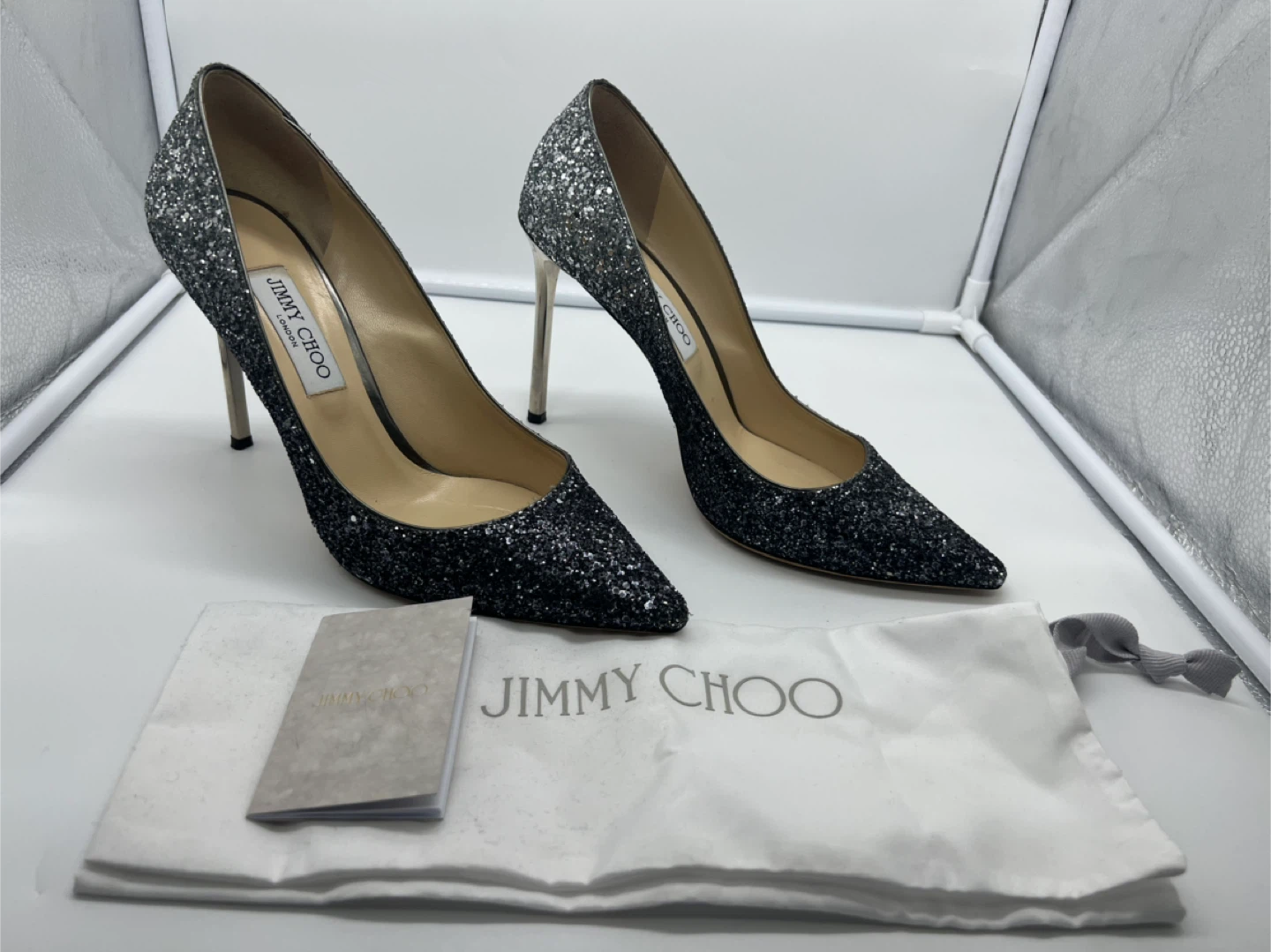 Jimmy Choo Romy 100 Glitter Ombre Navy Silver Heels sz 41 - photo 2