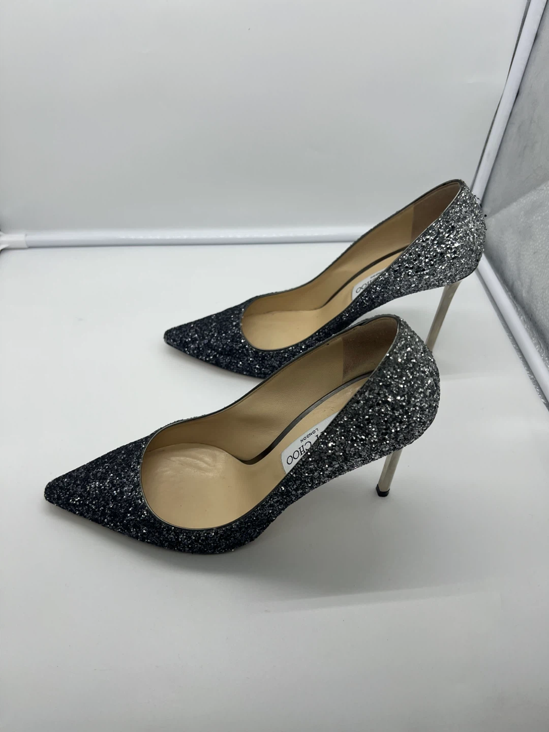 Jimmy Choo Romy 100 Glitter Ombre Navy Silver Heels sz 41 - photo 5