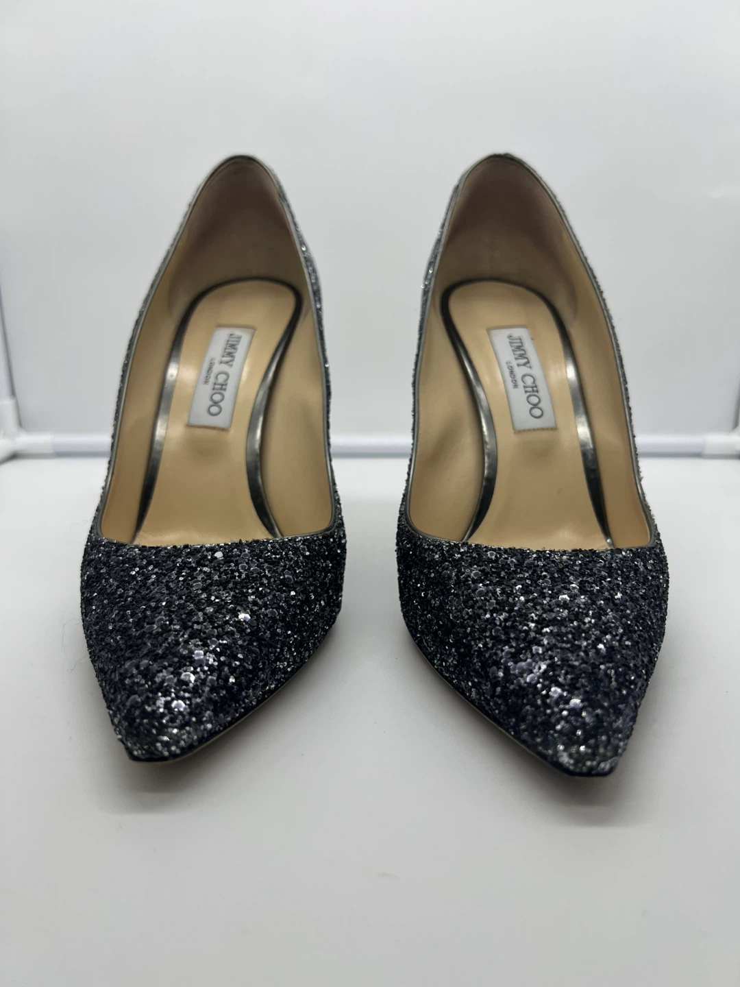 Jimmy Choo Romy 100 Glitter Ombre Navy Silver Heels sz 41 - photo 4