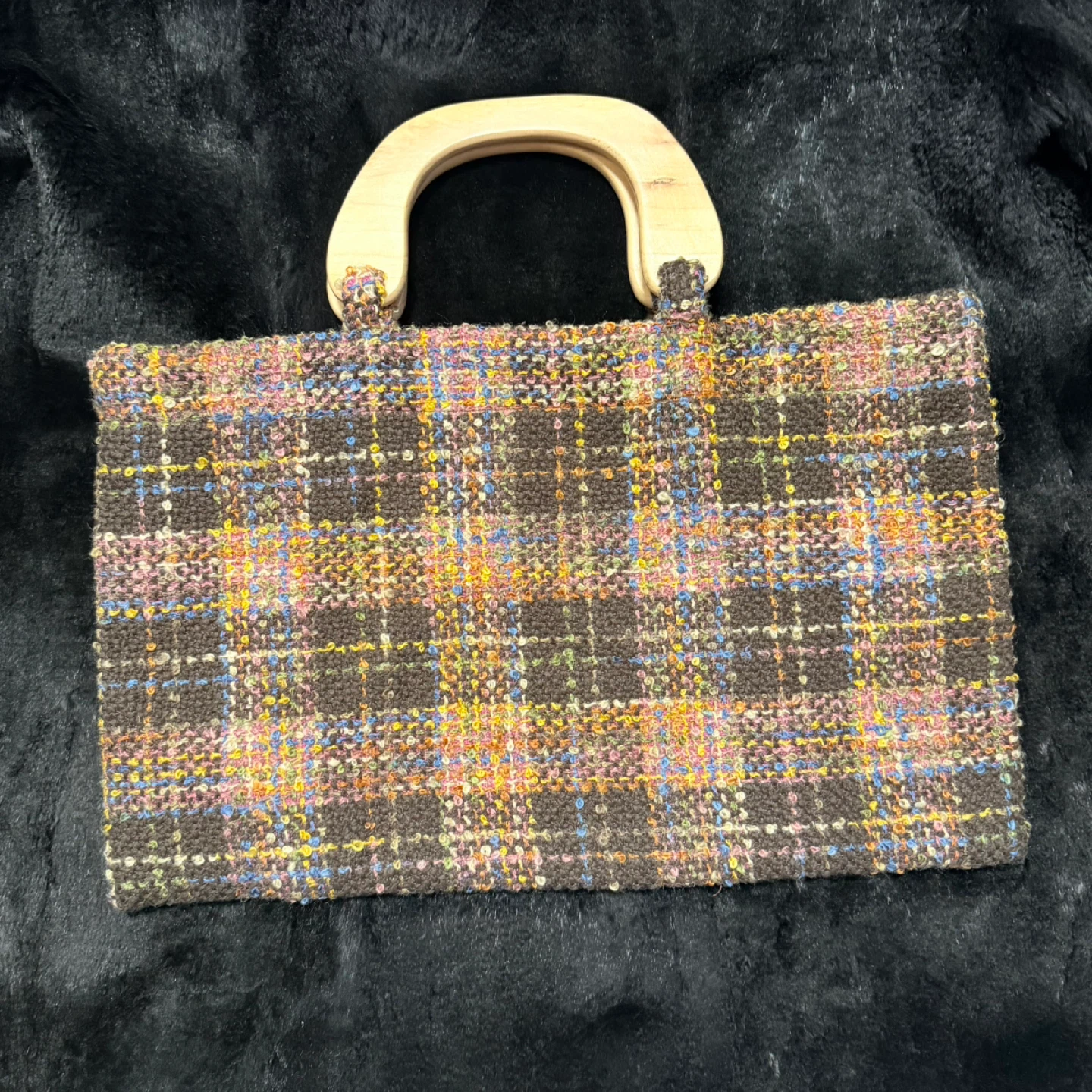 Handmade Tweed Handbag with Wooden Handles