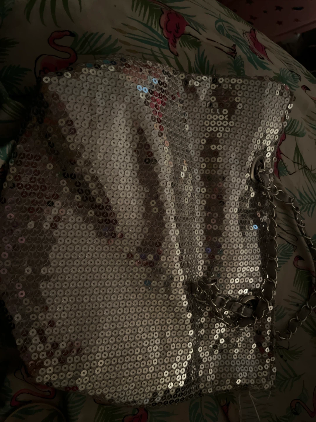 Sequin Silver Evening Clutch with Chain