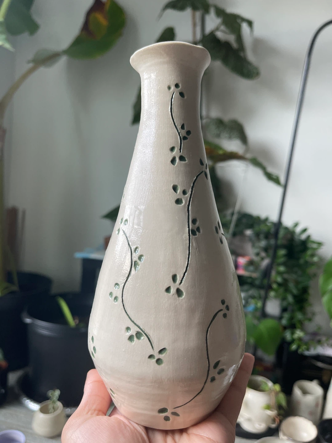 Handmade Ceramic Vase with hand carved Floral Design