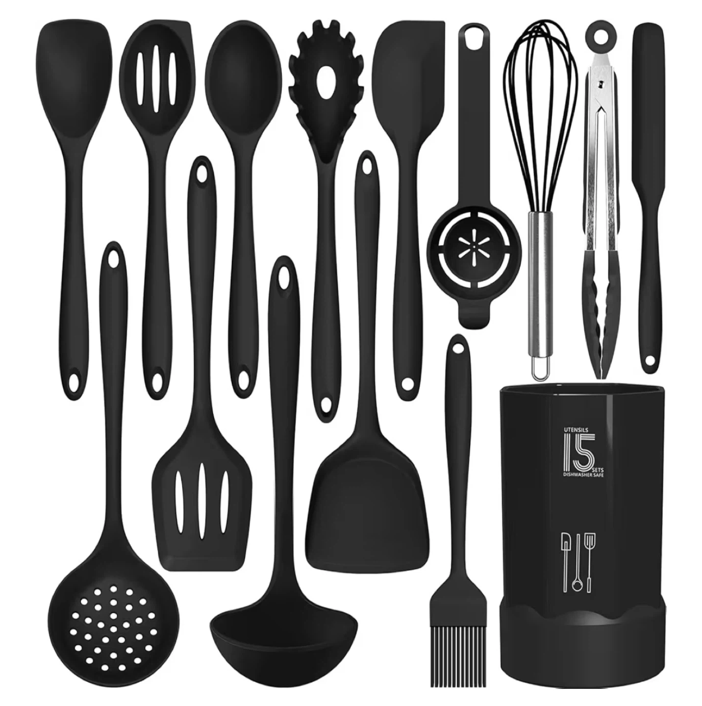 15-Piece Black Silicone Kitchen Utensil Set