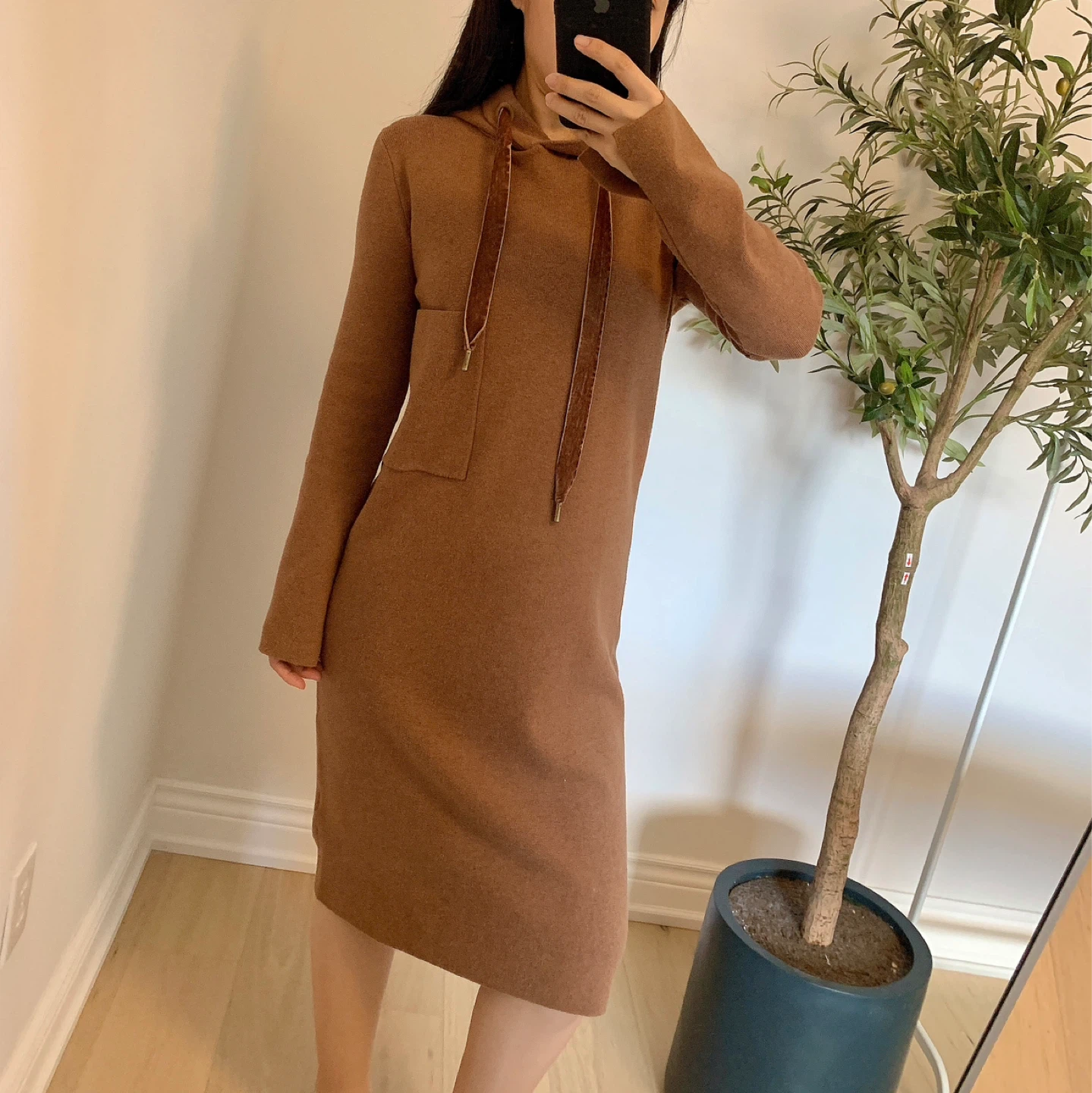 Brown 100% Wool Hooded Midi Dress Size M - photo 5