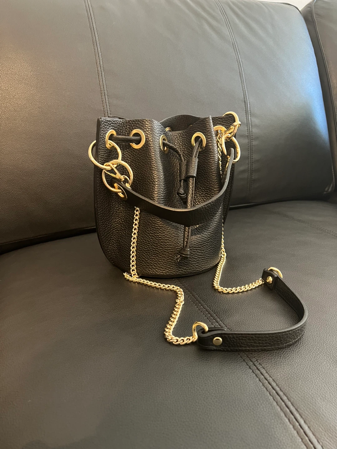 Leather black bucket Bag with golden Chain