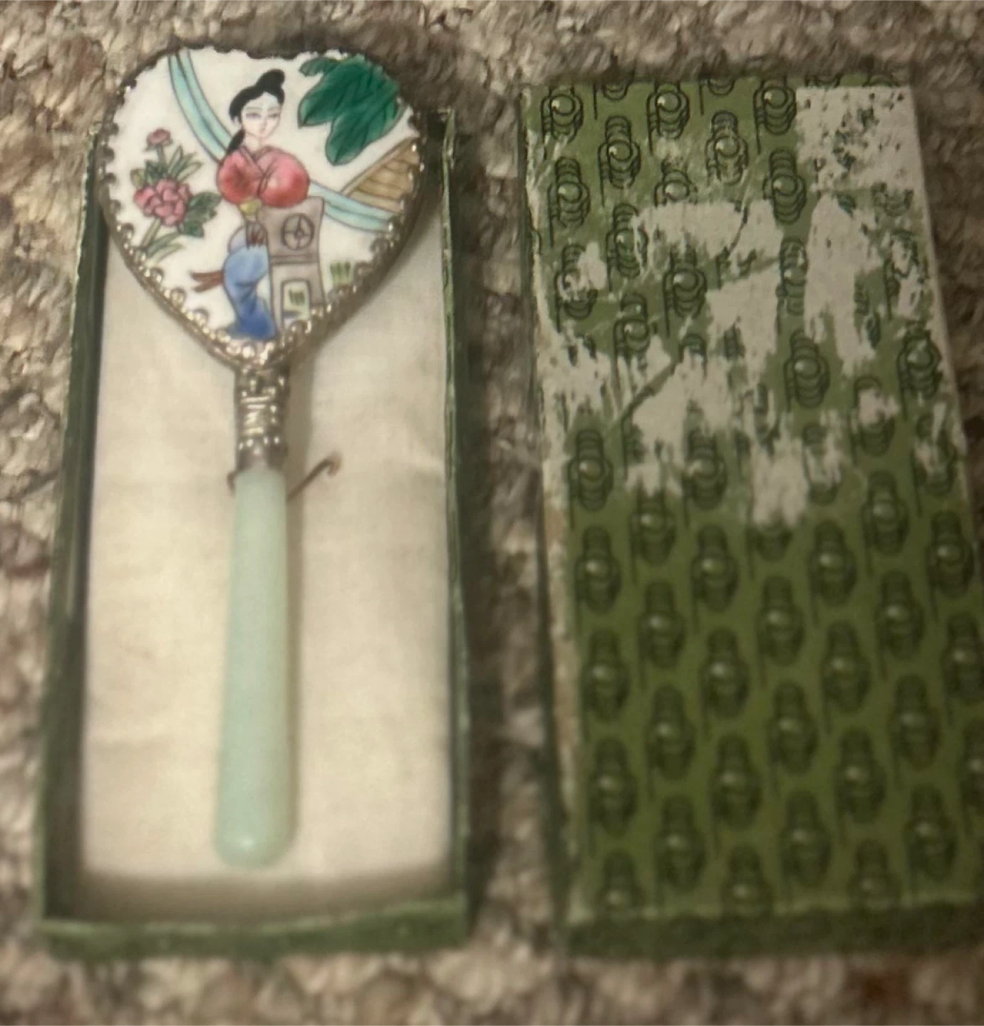 Vintage Asian Hand Mirror with Jade Handle