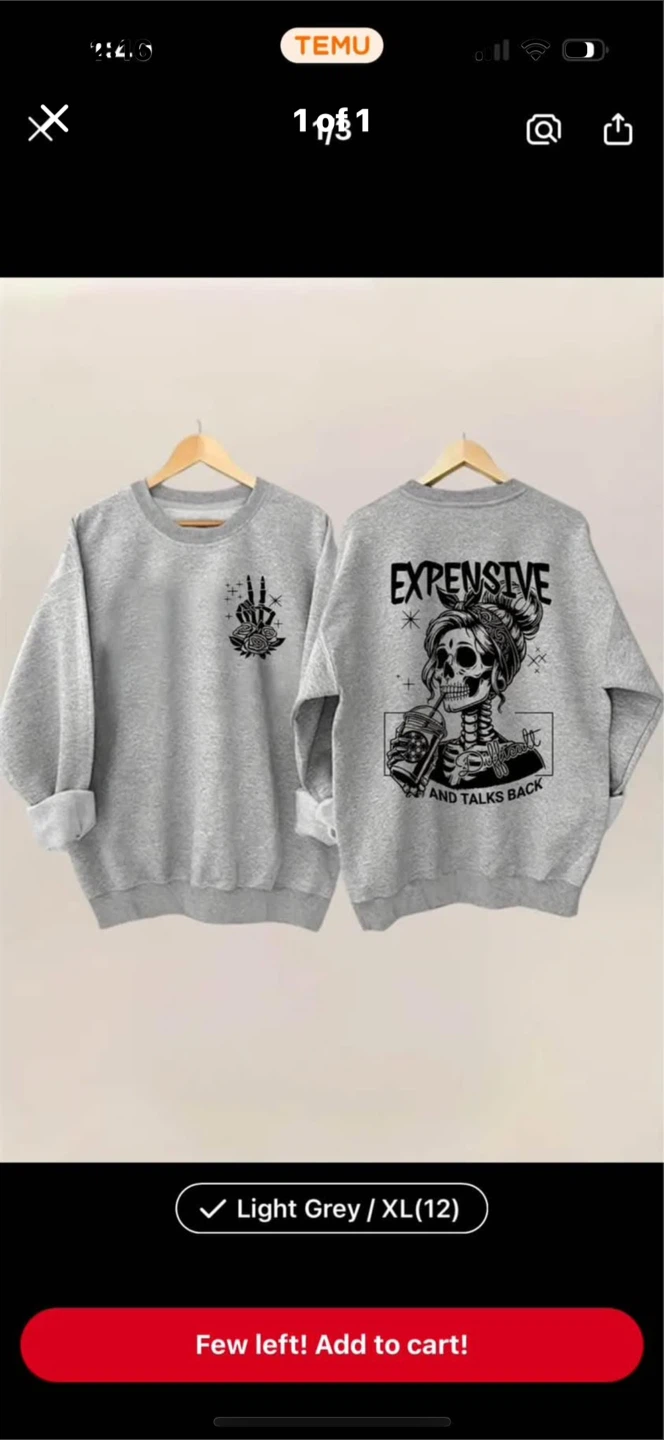Grey Skull Print Sweatshirt Size large