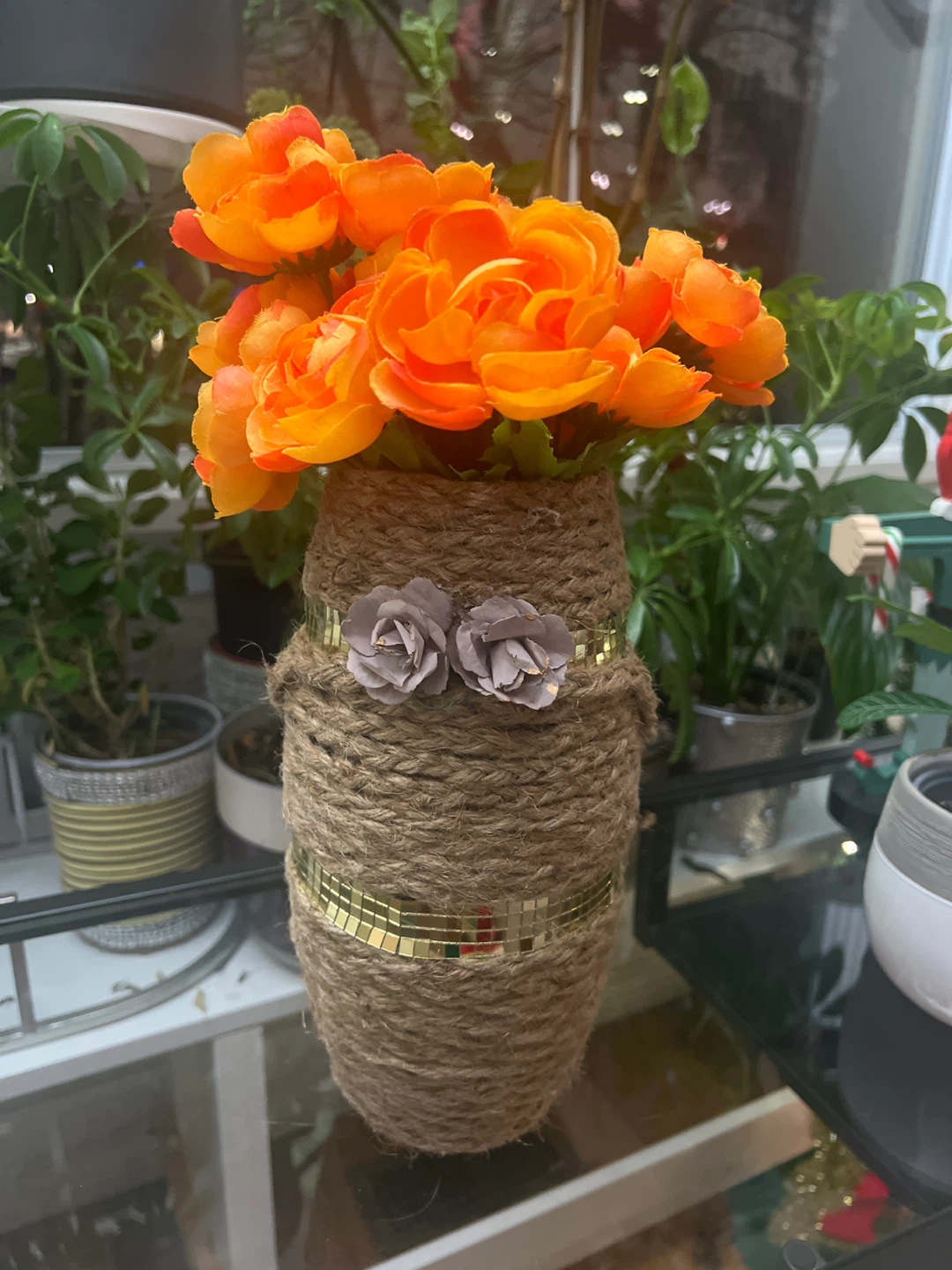 Orange Artificial Flowers in DIY Vase