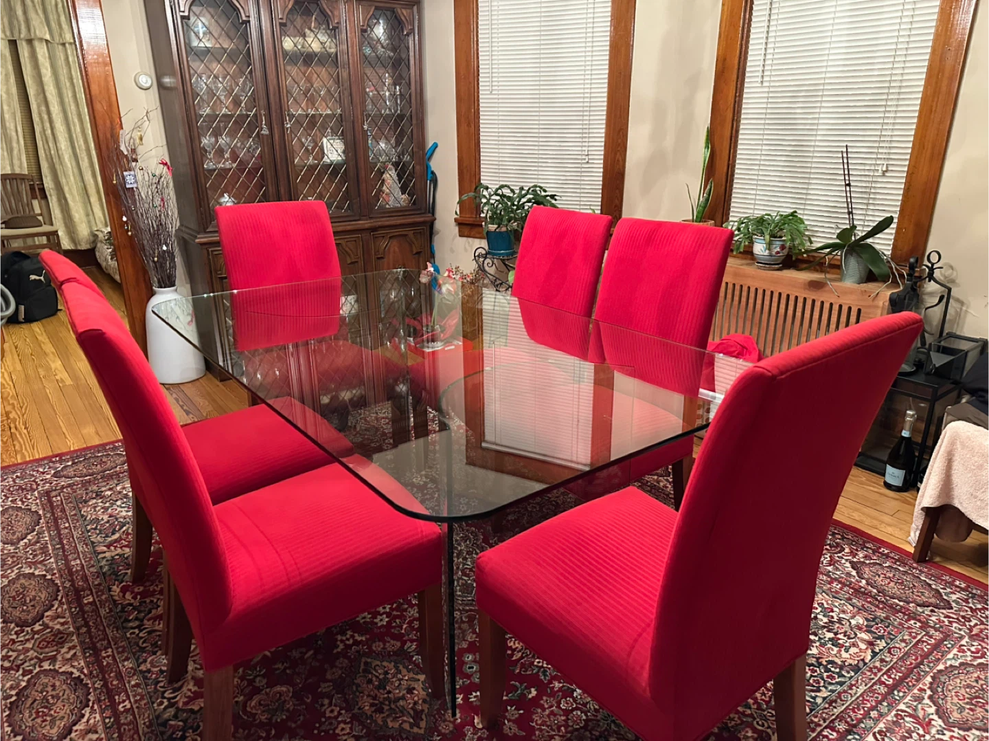 Glass Top Dining Table with 6 Red Chairs - photo 2