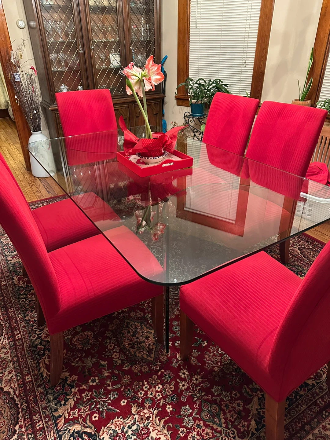Glass Top Dining Table with 6 Red Chairs - photo 4
