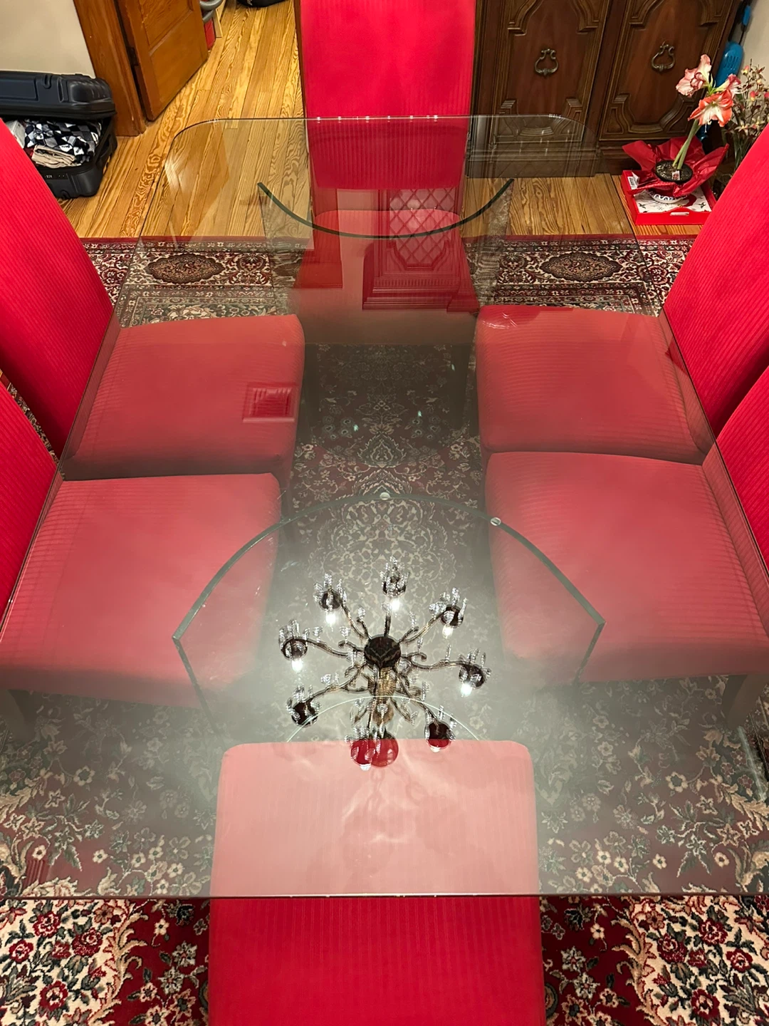 Glass Top Dining Table with 6 Red Chairs
