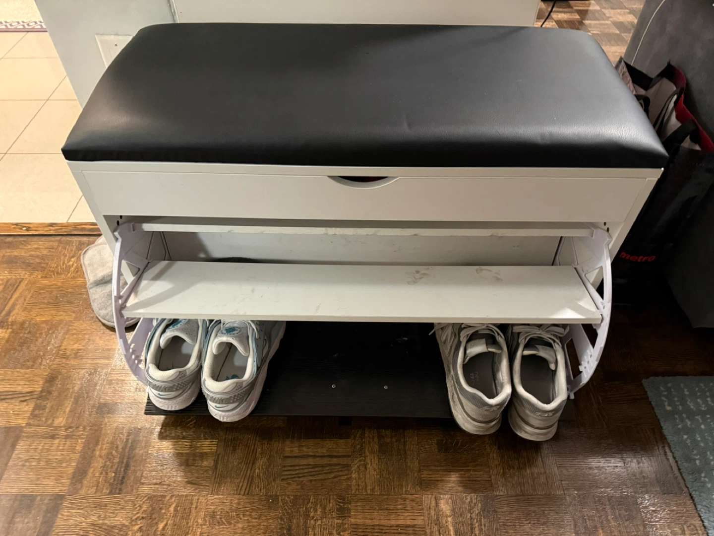 White Shoe Storage Bench with Black Cushion