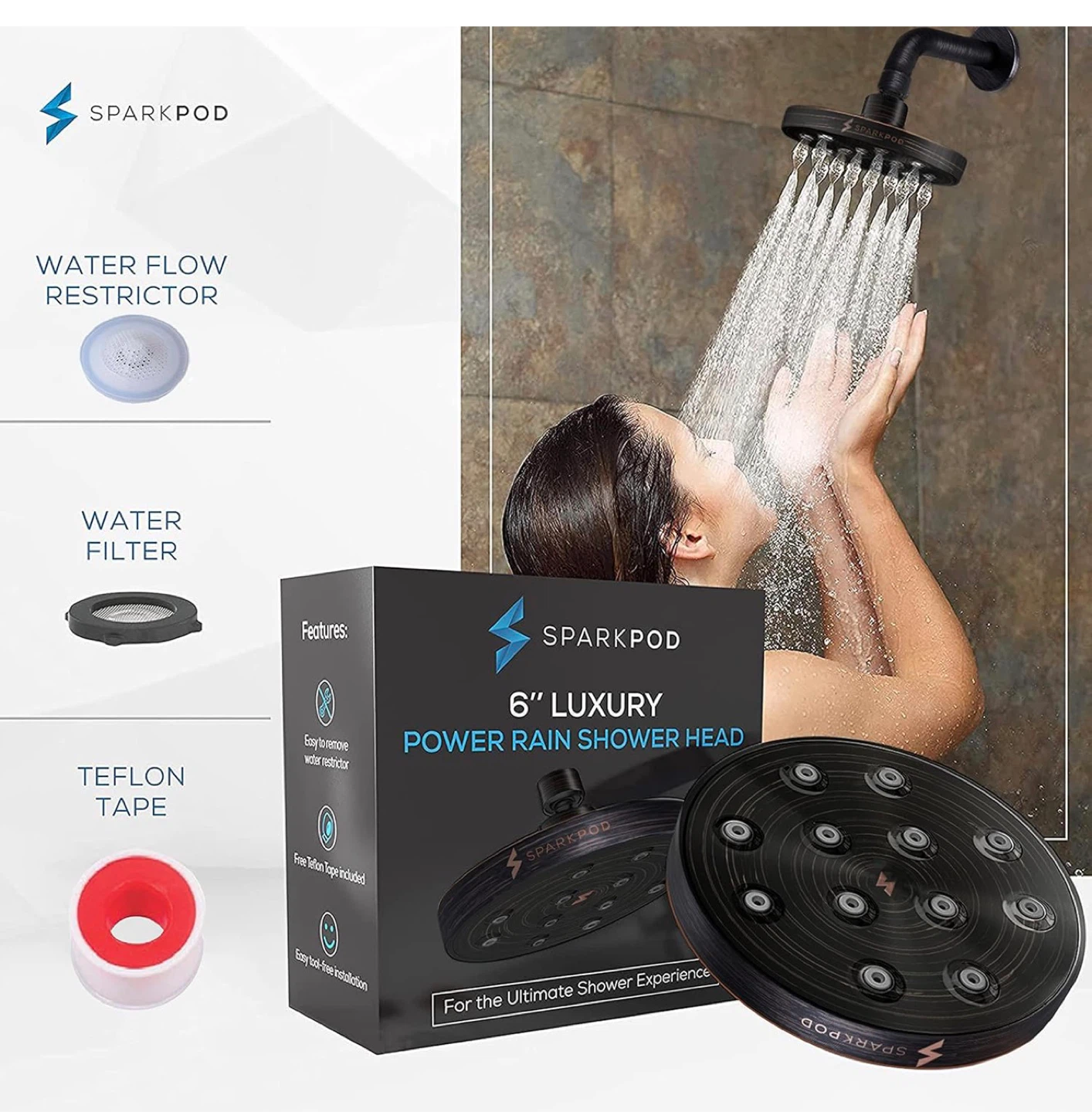 SPARKPOD 6" Luxury Power Rain Shower Head - Charcoal Grey - photo 3