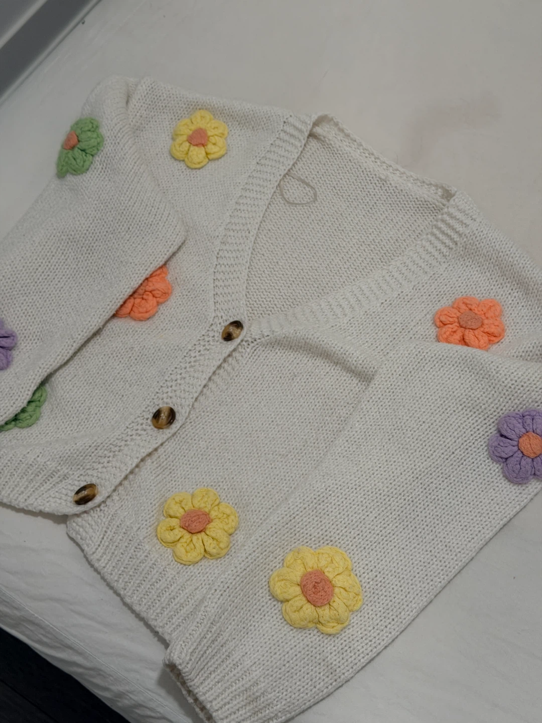 White Knit Cardigan with Floral Appliqués - photo 2
