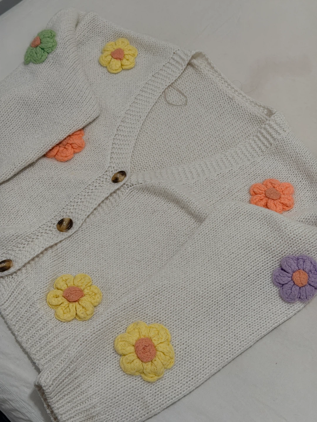 White Knit Cardigan with Floral Appliqués