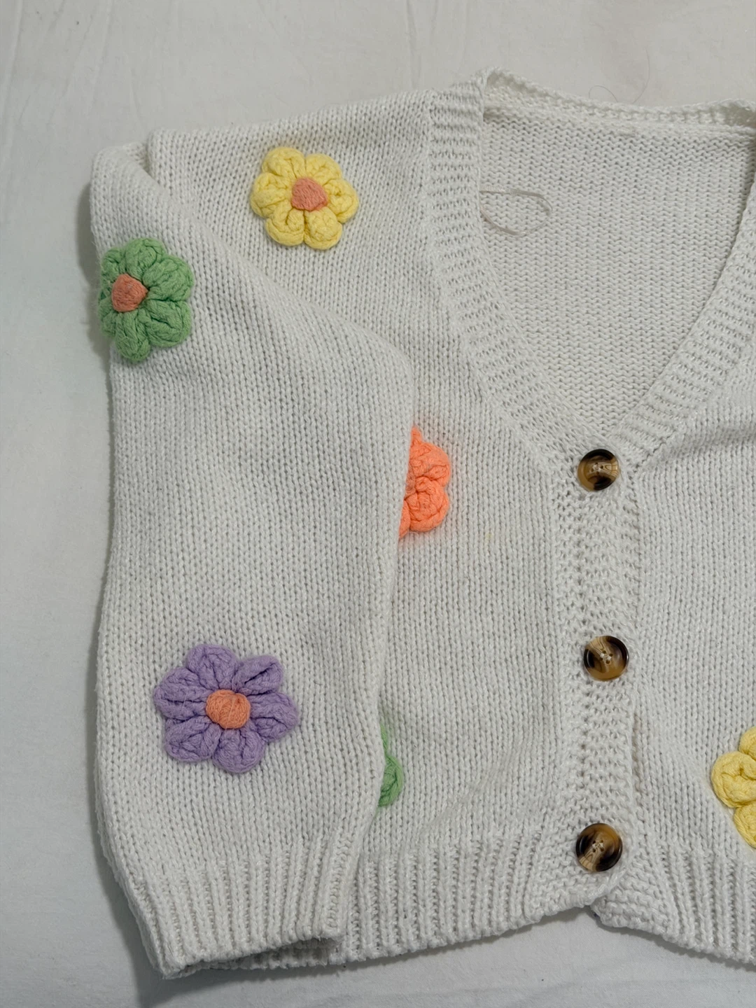 White Knit Cardigan with Floral Appliqués - photo 3