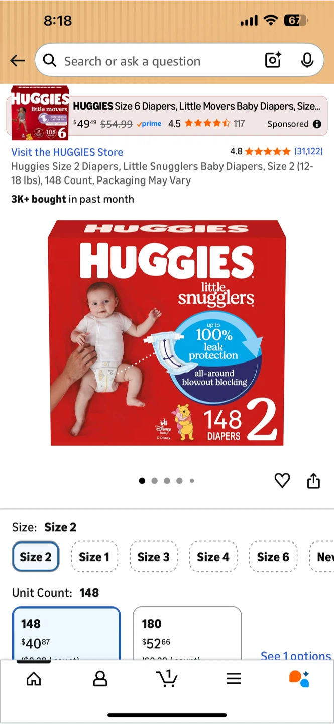 Huggies Little Snugglers Size 2 (148 count)